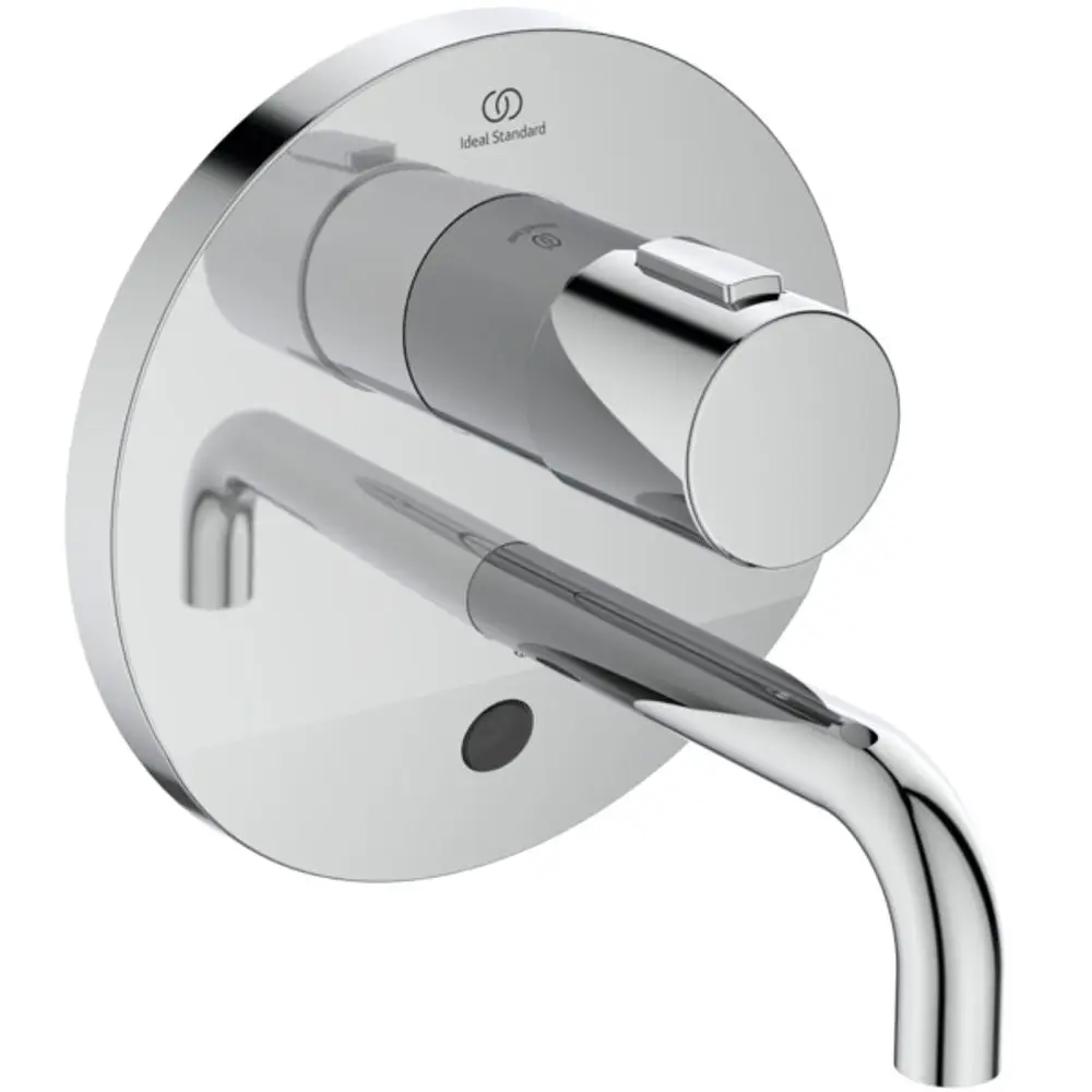 Sensorarmatur von Ideal Standard mit einem verchromten Finish. Einfache Wandmontage, temperaturgeregelter Wasserfluss über einen praktischen Drehgriff.